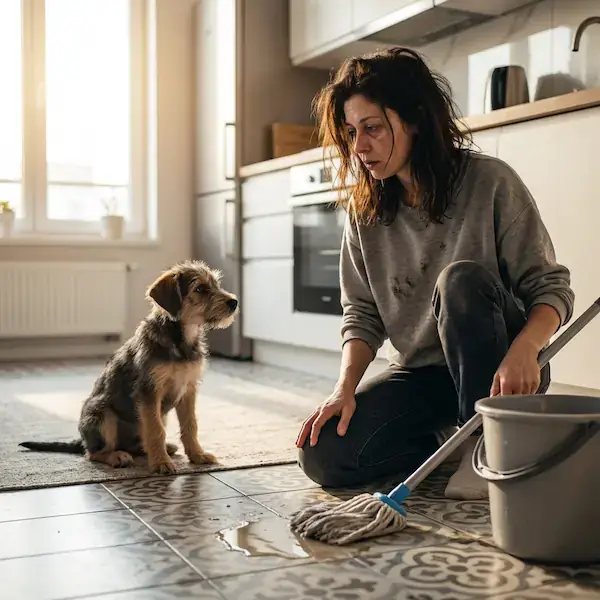 Mujer limpiando piso mientras su perro observa